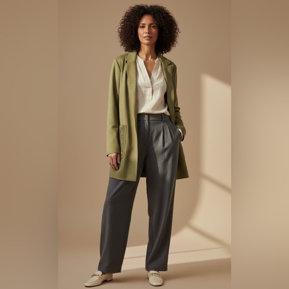 Anthropologie Solitaire Faux Suede Open Jacket Cardigan M Green Crochet Pockets
